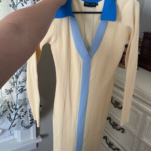 Elegant Cream and Blue Women's Dress